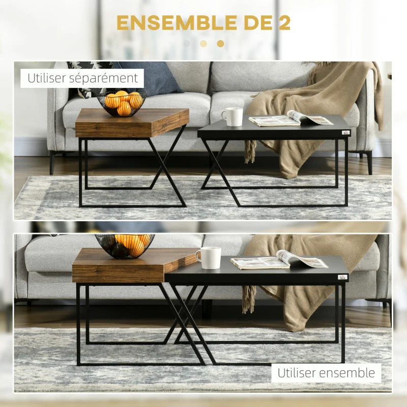 HOMCOM Lot de 2 tables basses design industriel géométrique - effet bois et acier noir
