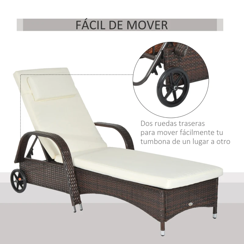 Outsunny Tumbona de Ratán de Jardín Chaise Longue con Respaldo Ajustable en 5 Posiciones Cojines Acolchados Reposacabezas y 2 Ruedas Carga 160 kg 200x73x30-103 cm Crema y Marrón