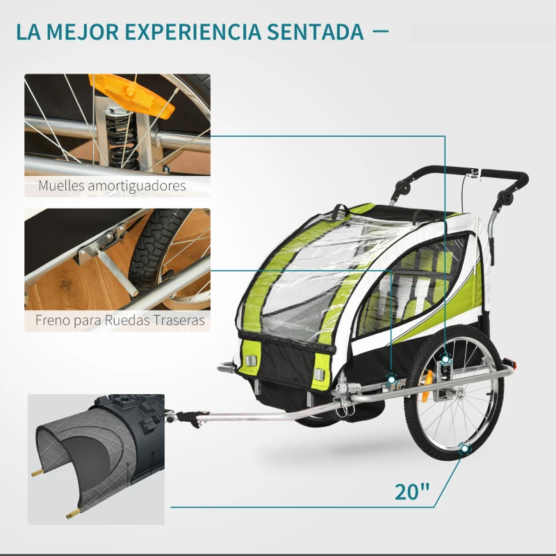 HOMCOM Remolque para Bicicleta con Barra de Paseo para Niños de 2 Plazas con Rueda Delantera Giratoria 360° y Asiento Acolchado Carga Máx. 40 kg Verde