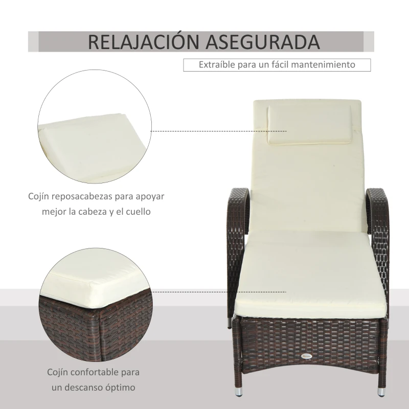 Outsunny Tumbona de Ratán de Jardín Chaise Longue con Respaldo Ajustable en 5 Posiciones Cojines Acolchados Reposacabezas y 2 Ruedas Carga 160 kg 200x73x30-103 cm Crema y Marrón