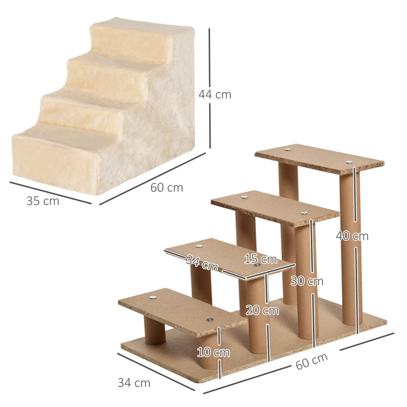 PawHut Escalera para Mascotas de 4 Peldaños 2 en 1 con Funda Extraíble y Lavable Escalera Rascadora de Perros 60x35x44 cm Beige