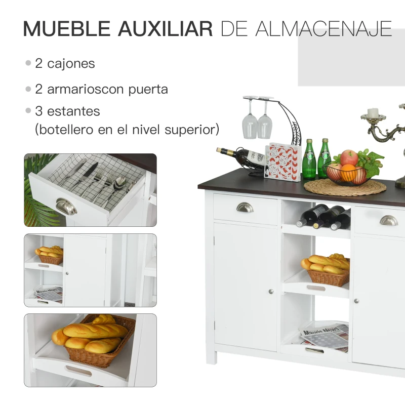 HOMCOM Aparador de Cocina Buffet para Salón con 2 Puertas Cajones Estantes Abiertos y Bandeja Extraíble Mueble Auxiliar de Salón Comedor 115x48x87 cm Blanco