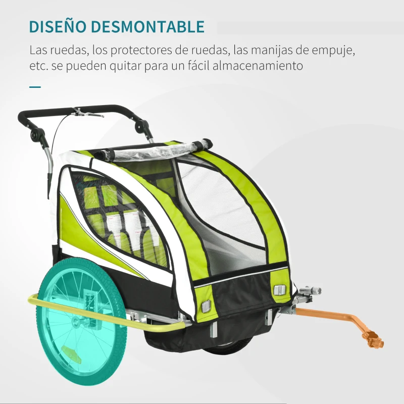 HOMCOM Remolque para Bicicleta con Barra de Paseo para Niños de 2 Plazas con Rueda Delantera Giratoria 360° y Asiento Acolchado Carga Máx. 40 kg Verde