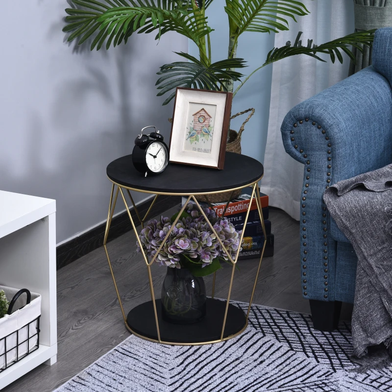 Mesita de Centro Dos Niveles Redonda Estilo Moderno Con Patas de Diseño Φ45x48Al cm Negro y Dorado