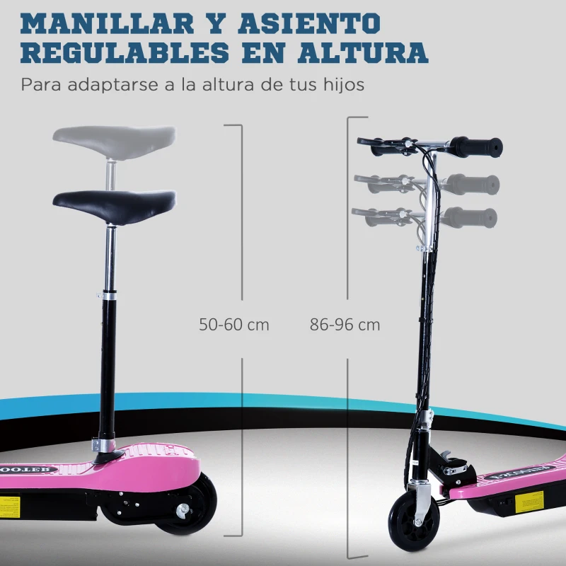 HOMCOM Patinete Eléctrico para Niños Scooter Eléctrico Plegable 120W con Manillar Ajustable Velocidad 10 km/h 78x37x99 cm Rosa