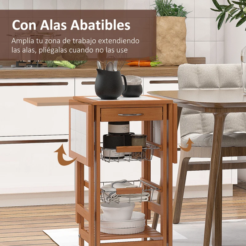 HOMCOM Mesa Auxiliar Cocina 91x37x75 cm Plegable 6 Ruedas 1 Cajón 2 Cestas Carrito Servicio Pino Metal Cromado