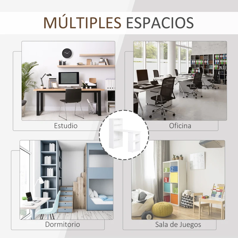 HOMCOM Escritorio con Estantería Librería Reversible Mesa de Ordenador con 6 Estantes de Almacenaje Estilo Moderno para Oficina Estudio Despacho 120x55x120 cm Blanco