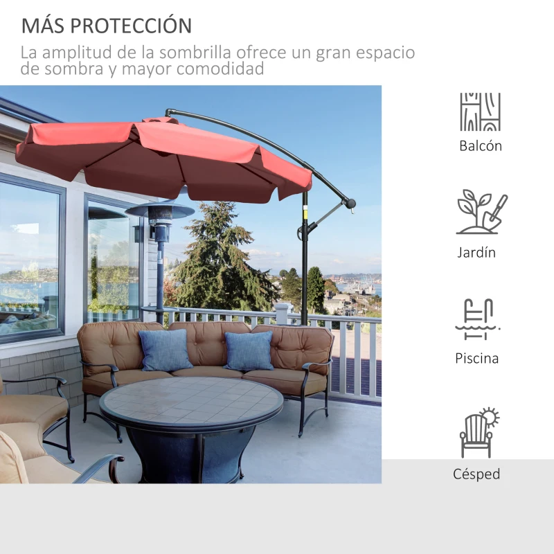 Outsunny Sombrilla de Jardín Ø265 cm Parasol Excéntrico con Techo Inclinable Manivela 8 Costillas de Metal y Base Cruzada Protección Solar para Terraza Balcón Exterior Rojo Vino