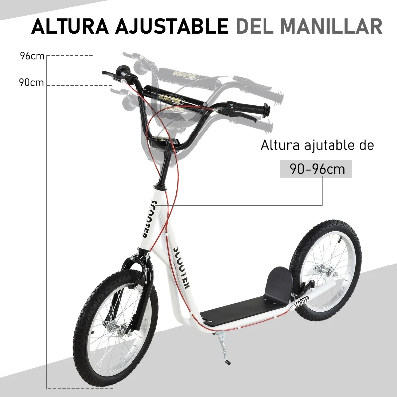 HOMCOM Scooter Patinete para Niños +5 Años y Adolescentes con Manillar Ajustable en Altura 2 Neumáticos de Caucho Inflable con Doble Freno y Ruedas 16" Carga 100 kg 139x58x90-96 cm Blanco
