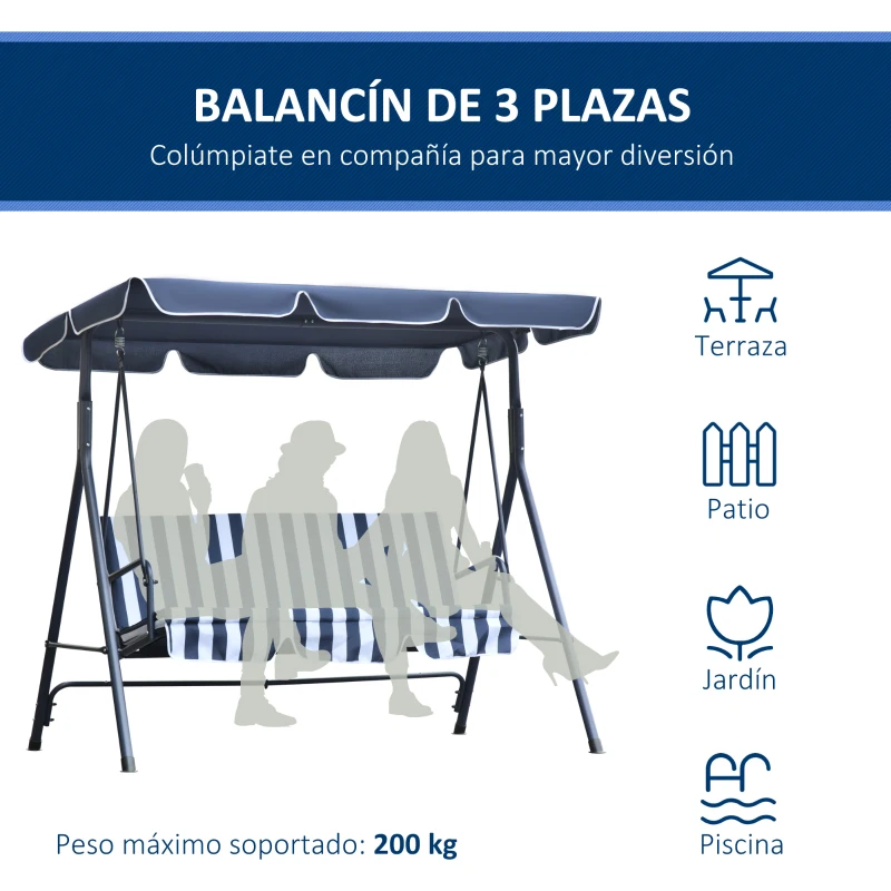 Outsunny Columpio de Jardín de 3 Plazas Silla Balancín con Parasol Techo Ajustable en Ángulo Impermeable para Exterior Terraza Balcón Carga Máx. 200 kg Acero 172x110x153 cm Raya Azul