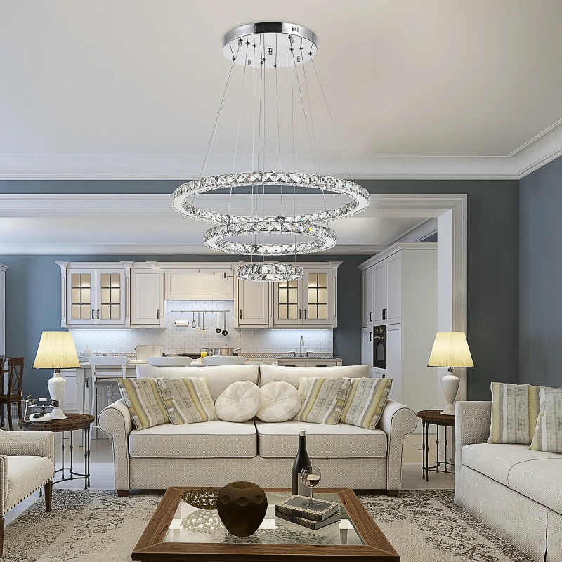 HOMCOM Lámpara de Araña de Cristal Moderna Lámpara Colgante LED 40W con 3 Anillos Ángulo Ajustable y Control Remoto 4000K Luz Blanco para Salón Comedor Ø60x110 cm