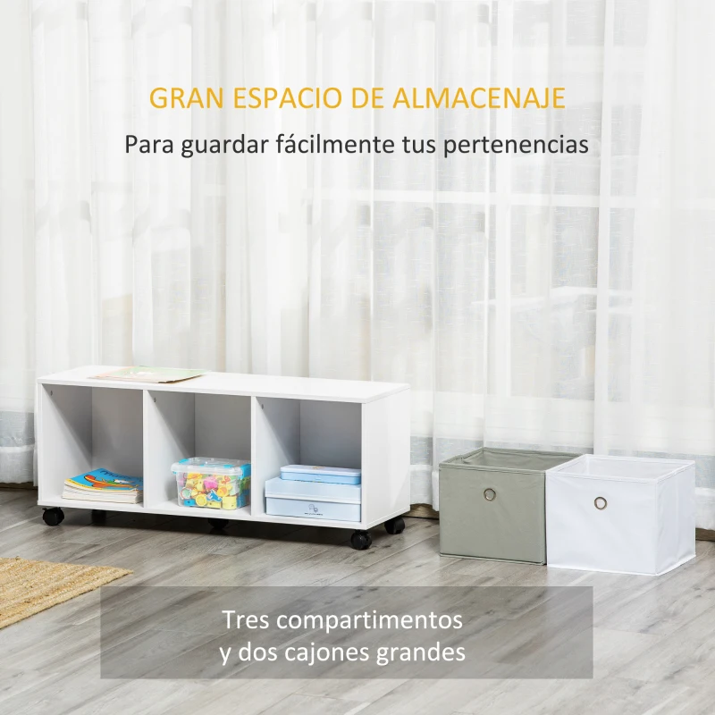 HOMCOM Organizador de Juguetes con 5 Ruedas 3 Cubos de Almacenamiento y 2 Cajones de Tela Extraíbles 90x30x37,9 cm Blanco