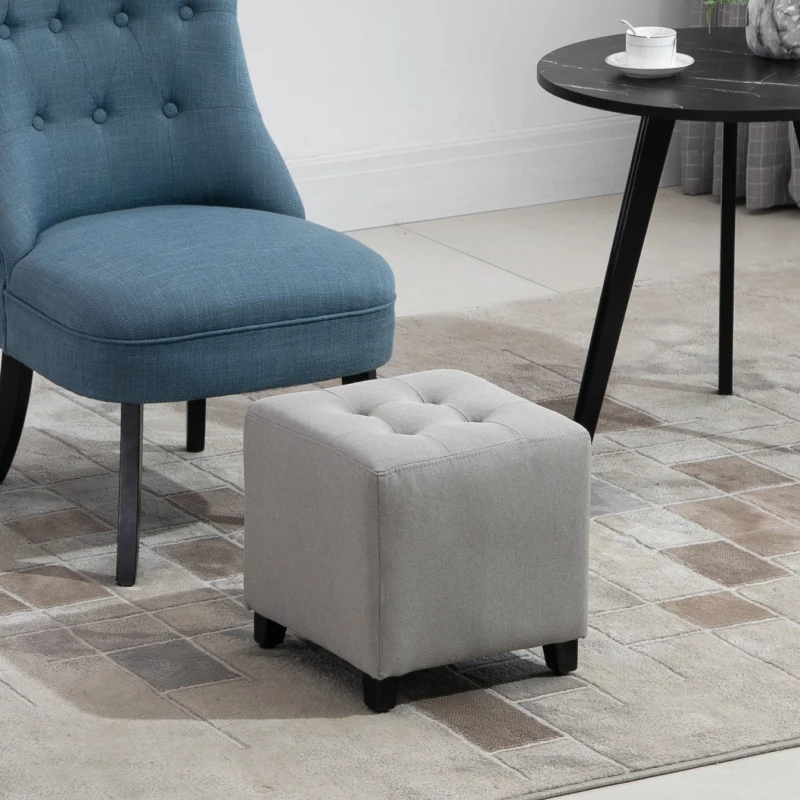 HOMCOM Taburete Bajo Otomana Reposapiés Acolchado con Patas de Madera Maciza Diseño de Botones 35x35x35 cm Gris Claro