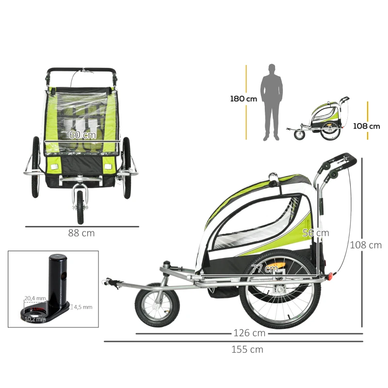 HOMCOM Remolque para Bicicleta con Barra de Paseo para Niños de 2 Plazas con Rueda Delantera Giratoria 360° y Asiento Acolchado Carga Máx. 40 kg Verde