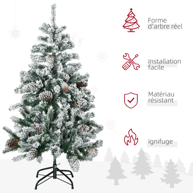 HOMCOM Sapin de Noël artificiel avec 28 pommes de pin 269 branches enneigées support en acier socle pliable hauteur 120 cm vert