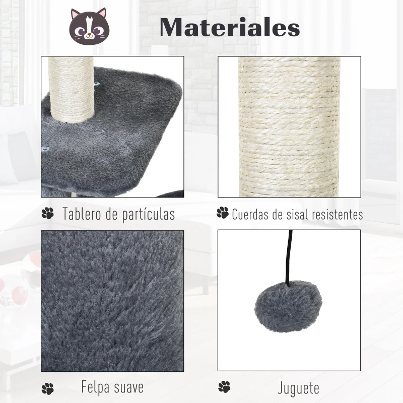PawHut Rascador para Gatos con Postes de Sisal y Felpa Suave con Cama Cueva Plataformas Bola y Pluma 48x35x100 cm Gris y Beige