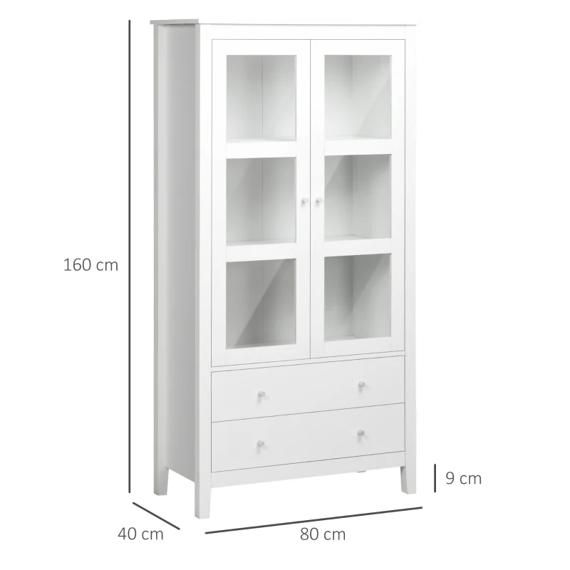 HOMCOM Vitrina de Salón Aparador de Cocina con 2 Puertas de Vidrio 3 Estantes 2 Cajones para Comedor Oficina 80x40x160cm Blanco