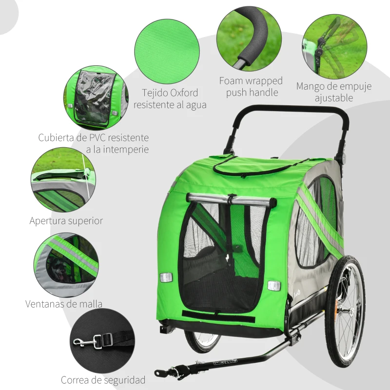 PawHut Remolque de Bicicleta para Perros 2 en 1 con Puertas Enrollables Cinturón de Seguridad Carga 30 kg 140x72,5x108 cm Verde