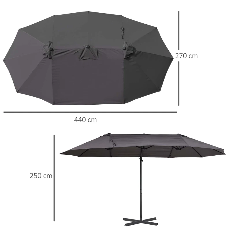 Outsunny Sombrilla Doble de 270x445x260 cm Parasol Grande Inclinable con Manivela para Abrir y Cerrar Fácil Color Gris