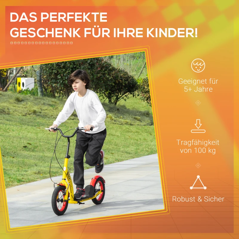 HOMCOM Kinderroller mit 12'' Luftreifen Scooter Tretroller höhenverstellbar Roller Cityroller Kinder Roller Kickboard ab 5 Jahre Kleinkind Schwarz 118 x 55,5 x 85-100,5 cm