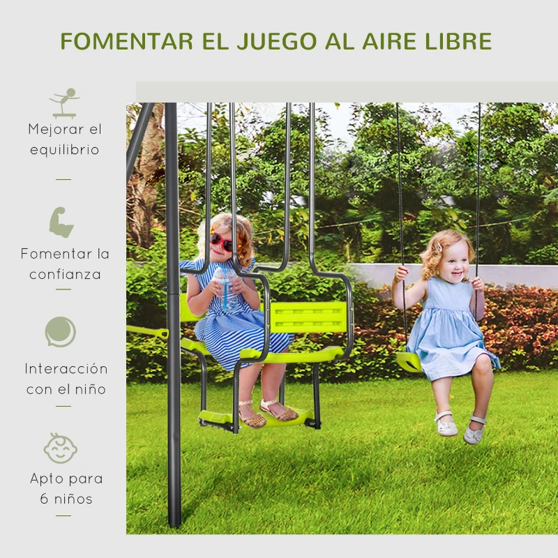 Outsunny Columpio Infantil para Exterior con 6 Asientos con Marco de Acero para +3 Años 355x184x186 cm Verde