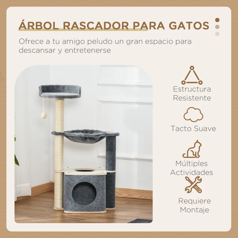 PawHut Árbol Rascador para Gatos 48x34x95 cm Torre para Gatos con Hamaca Plataformas Cueva Extraíble Postes de Sisal Gris
