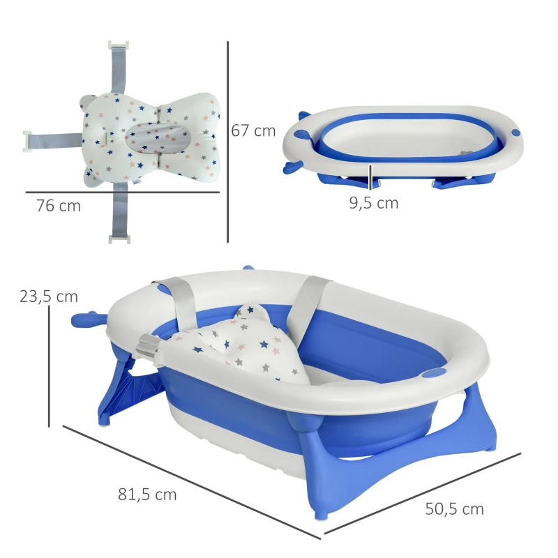 HOMCOM Bañera Plegable para Bebé Recién Nacido hasta 3 Años 81,5x50,5x23,5 cm con Tapón Termosensible Cojín Azul