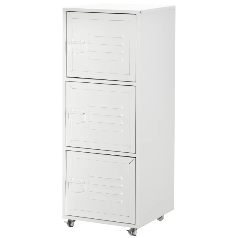 HOMCOM Rolling Storage Cabinet 3-Tier Mobile File Cabinet with Wheels & Metal Doors for Home Office, Living Room, White