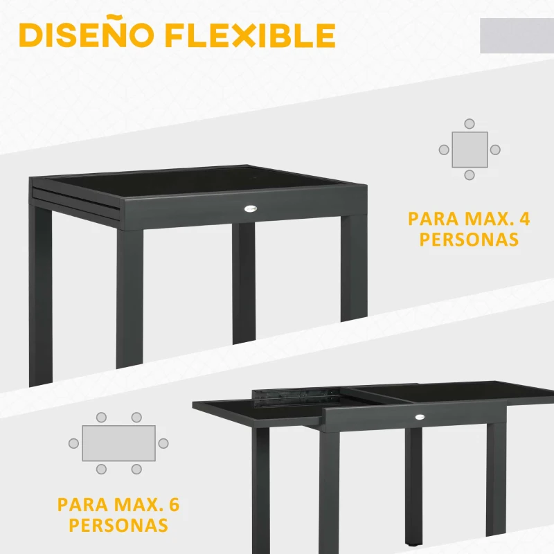 Outsunny Mesa de Jardín Extensible de Aluminio Mesa Rectangular con Encimera de Vidrio Templado para Terraza 80-160x80x75cm Negro