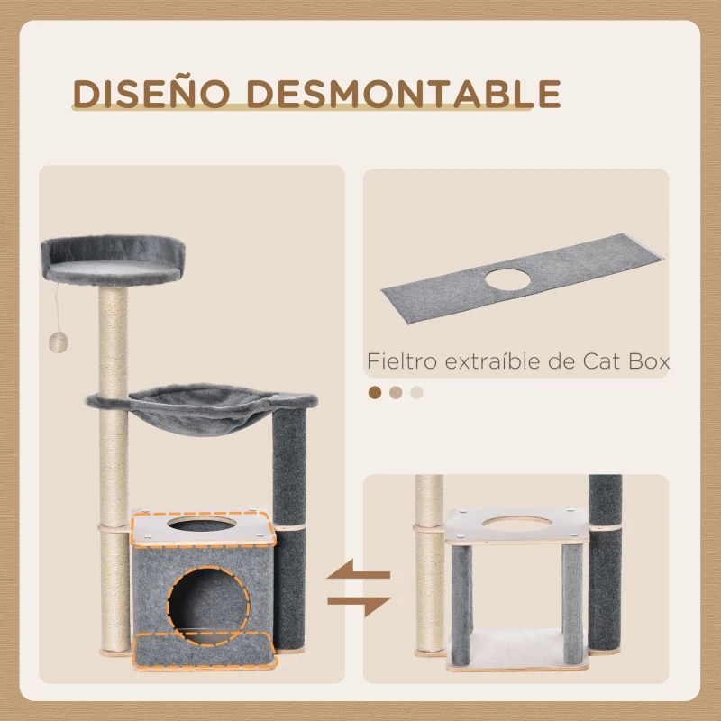 PawHut Árbol Rascador para Gatos 48x34x95 cm Torre para Gatos con Hamaca Plataformas Cueva Extraíble Postes de Sisal Gris