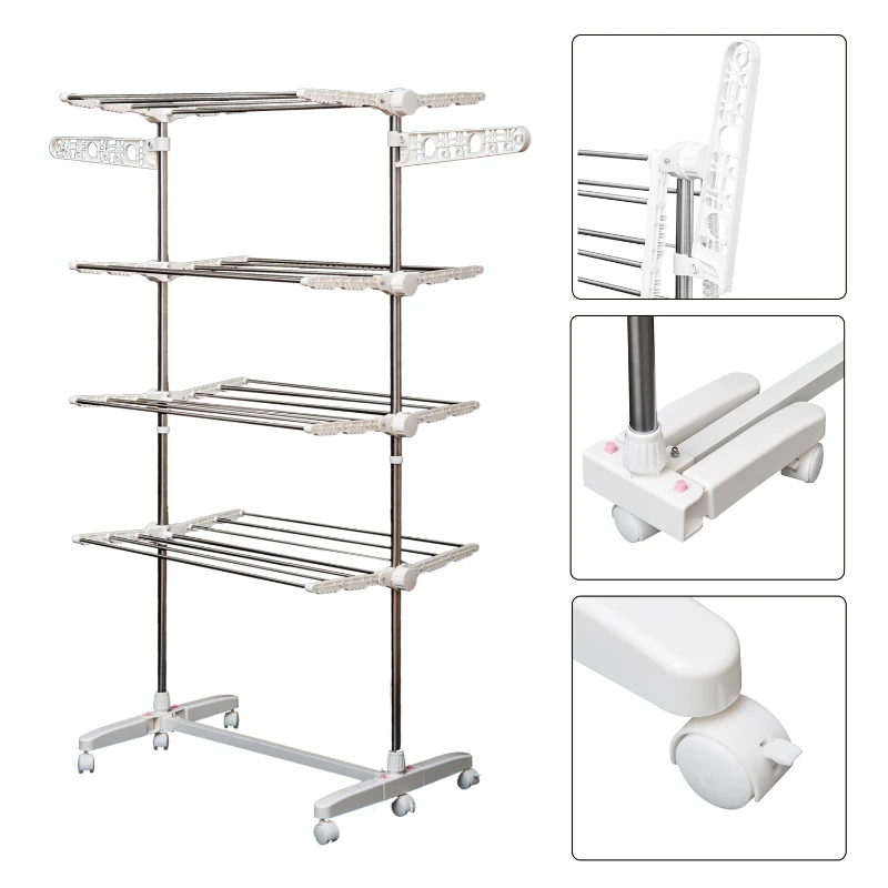 HOMCOM Tendedero de Ropa Plegable 80x55x172 cm con 6 Ruedas y 4 Estantes con Altura Regulable de Acero Inoxidable Plateado