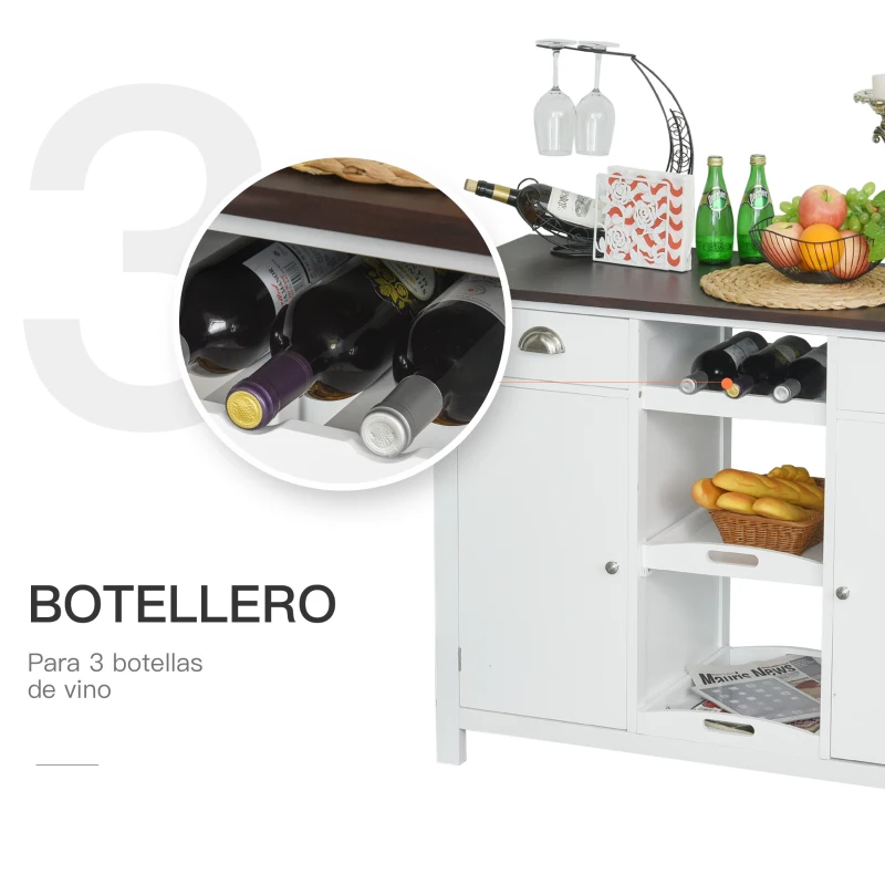 HOMCOM Aparador de Cocina Buffet para Salón con 2 Puertas Cajones Estantes Abiertos y Bandeja Extraíble Mueble Auxiliar de Salón Comedor 115x48x87 cm Blanco
