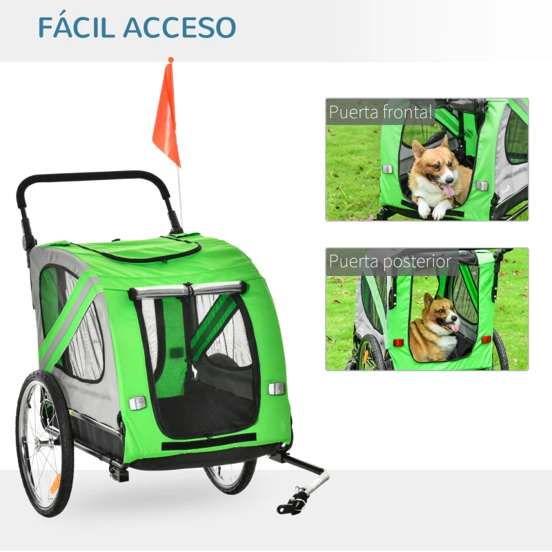 PawHut Remolque de Bicicleta para Perros 2 en 1 con Puertas Enrollables Cinturón de Seguridad Carga 30 kg 140x72,5x108 cm Verde