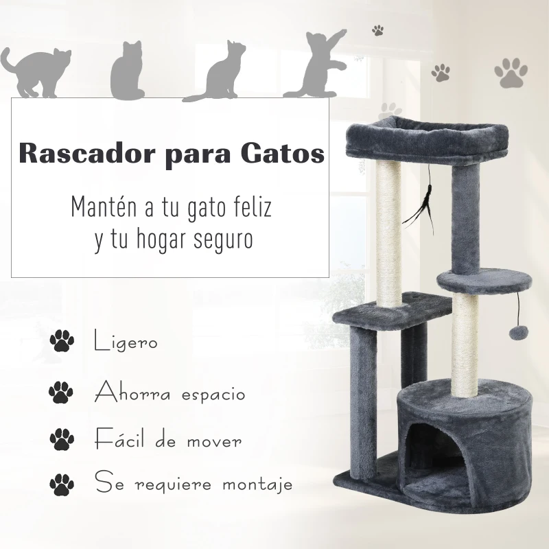 PawHut Rascador para Gatos con Postes de Sisal y Felpa Suave con Cama Cueva Plataformas Bola y Pluma 48x35x100 cm Gris y Beige