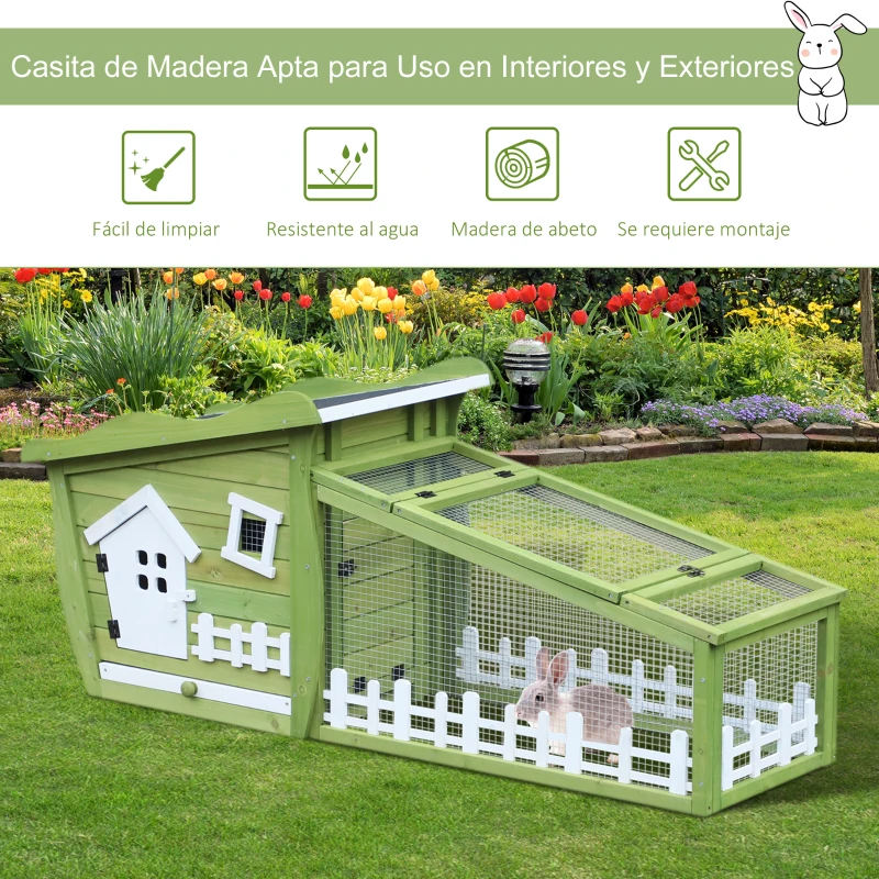 PawHut Conejera de Madera Caseta Exterior con Bandeja Extraíble y Techo Asfáltico 152x62x64 cm Verde y Blanco