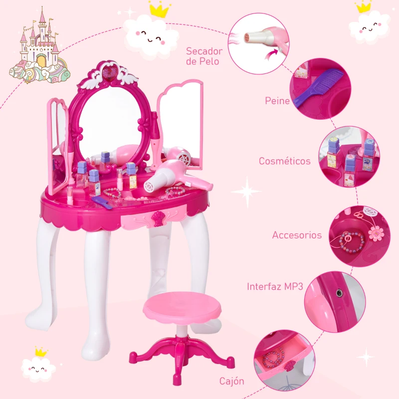 HOMCOM Juego de Tocador Infantil Accesorios de Maquillaje con Espejo de +3 Años Efectos de Luz Música Puerto de MP3 Control Remoto 45x30,5x72 cm Rosa