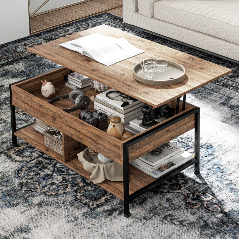 HOMCOM Table basse relevable table de salon compartiment caché 2 étagères inférieures 100 x 80 x 60 cm marron rustique noir