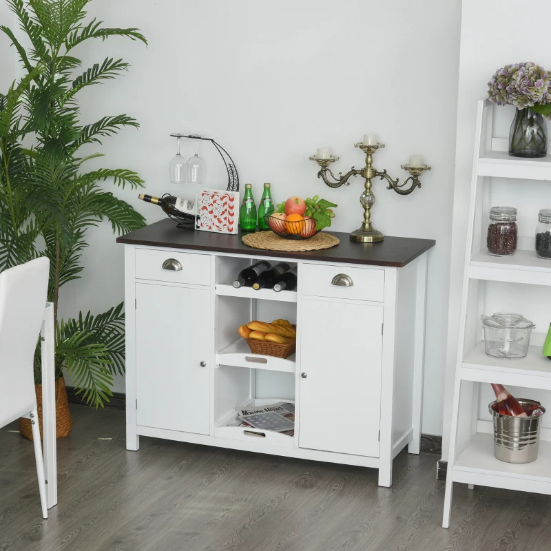 HOMCOM Aparador de Cocina Buffet para Salón con 2 Puertas Cajones Estantes Abiertos y Bandeja Extraíble Mueble Auxiliar de Salón Comedor 115x48x87 cm Blanco