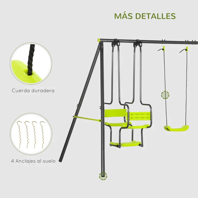 Outsunny Columpio Infantil para Exterior con 6 Asientos con Marco de Acero para +3 Años 355x184x186 cm Verde