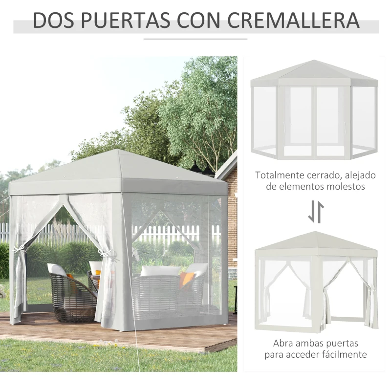 Outsunny Carpa Hexagonal con Mosquiteras con Cremallera para Jardín y Terraza Gazebo tipo Cenador 197 cm cada Lado Crema
