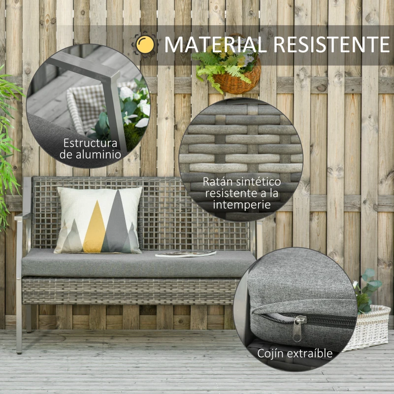 Outsunny Sofá de Ratán Estructura de Aluminio Dos Plazas con Cojín Desmontable Sillón Mueble de Jardín 118x75x79cm para Patio Exterior al Aire Libre Gris