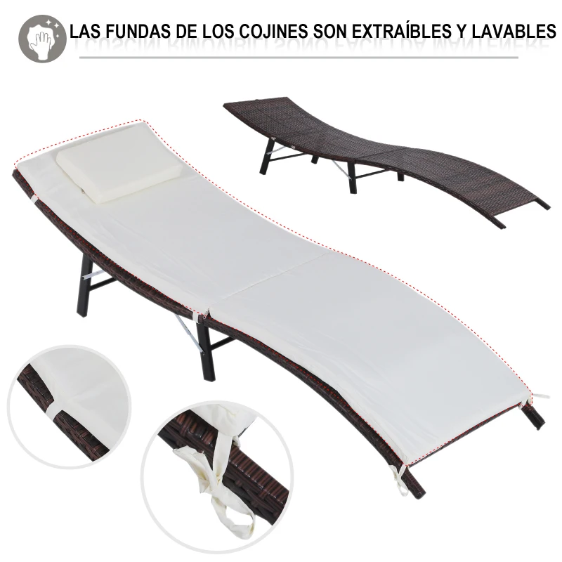 Outsunny Set de 2 Tumbonas 196x61x53cm con Mesita Plegable 40x40x40cm de Ratán para Jardín Exterior con Cojines Beige y Marrón