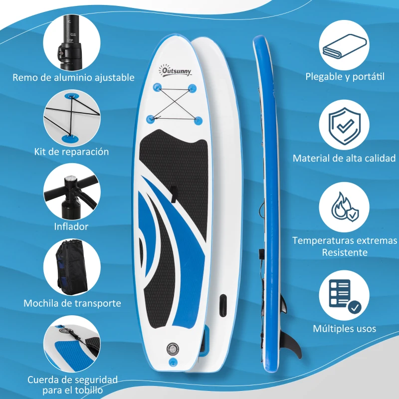 Outsunny Tabla de Paddle Surf Hinchable Plegable 300x76x15 cm con Remo de aluminio Ajustable Desmontable Cubierta Antideslizante Bolsa de Transporte y Kit de Reparación Carga 120 kg