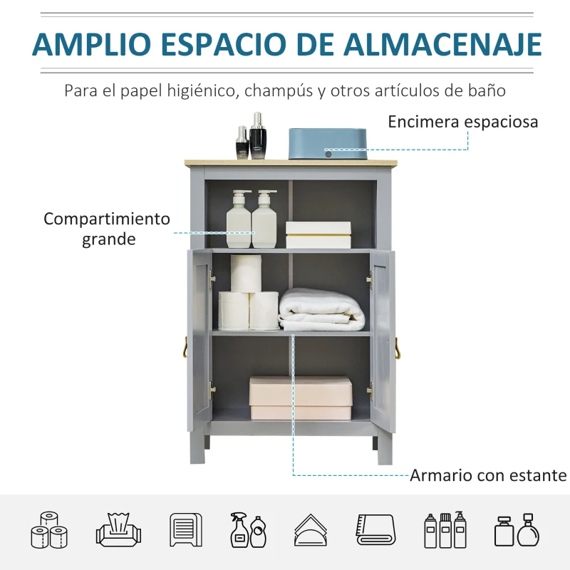 kleankin Armario Auxiliar de Baño Mueble para Baño con 2 Puertas y Estantes Interiores Ajustables para Cocina Dormitorio Salón 59x30x85 cm Gris