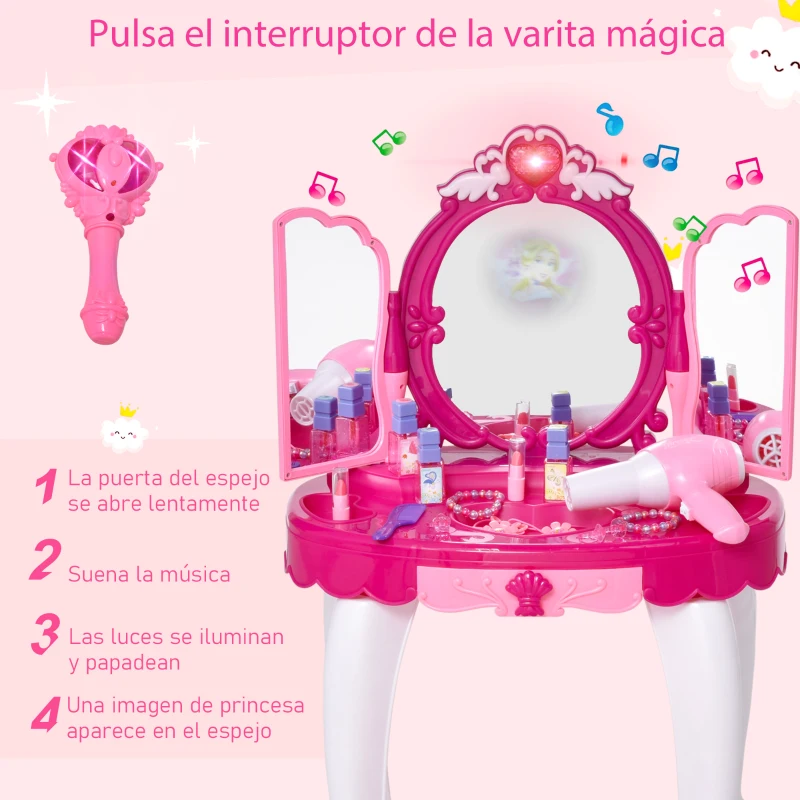 HOMCOM Juego de Tocador Infantil Accesorios de Maquillaje con Espejo de +3 Años Efectos de Luz Música Puerto de MP3 Control Remoto 45x30,5x72 cm Rosa