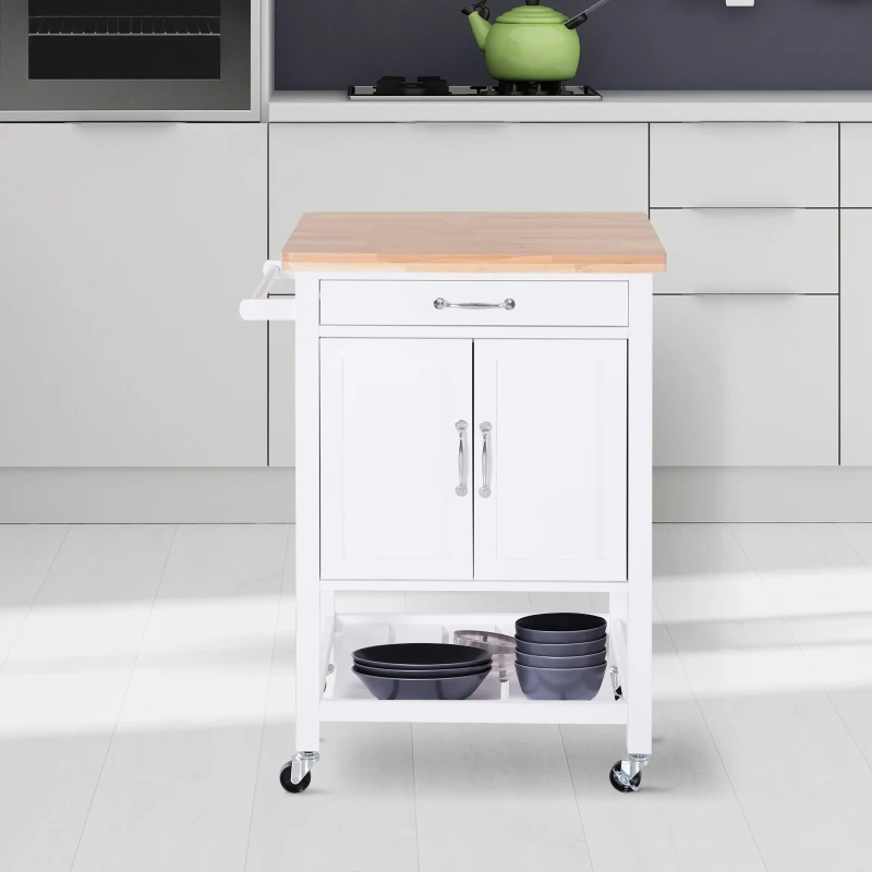 HOMCOM Carro de Cocina Carrito de Servir Multiusos Estantería Carrito Auxiliar con Ruedas para Baño Dormitorio con Estante Cajón Armario 65x48x90cm