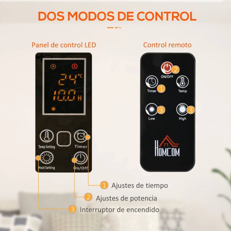 HOMCOM Calefactor Eléctrico 1000W/2000W Radiador de Mica con Mando a Distancia para 15-20 m² 56x26,5x61,5 cm Negro