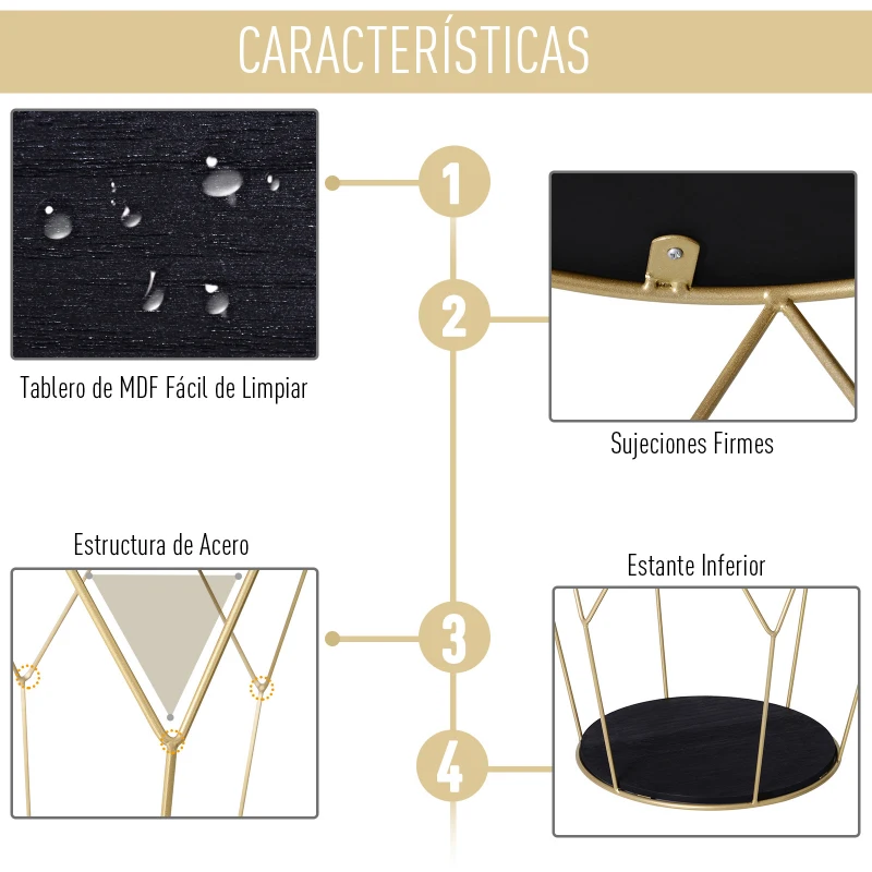 Mesita de Centro Dos Niveles Redonda Estilo Moderno Con Patas de Diseño Φ45x48Al cm Negro y Dorado