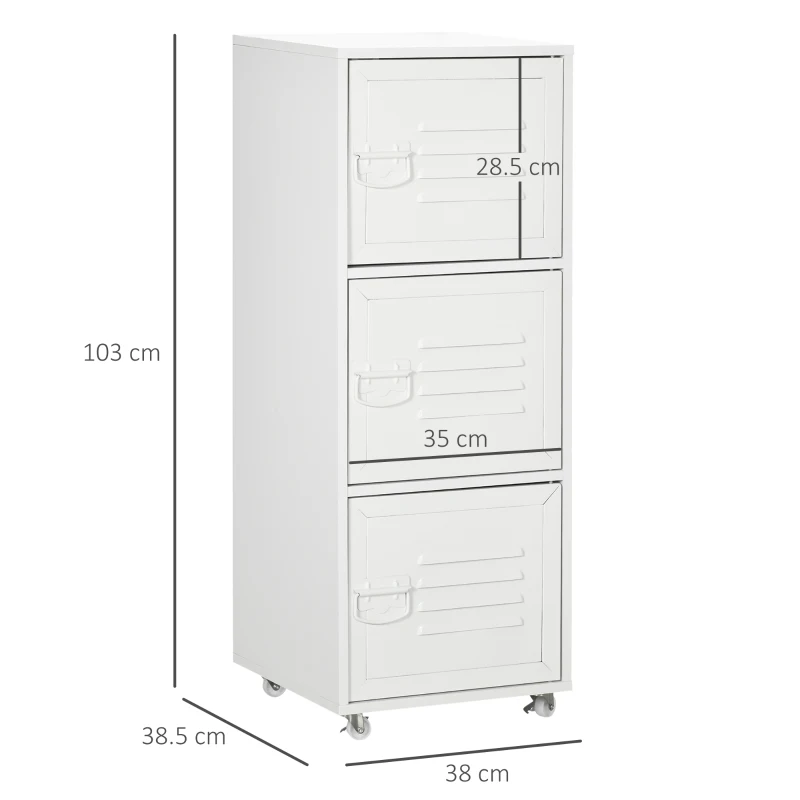 HOMCOM Rolling Storage Cabinet 3-Tier Mobile File Cabinet with Wheels & Metal Doors for Home Office, Living Room, White