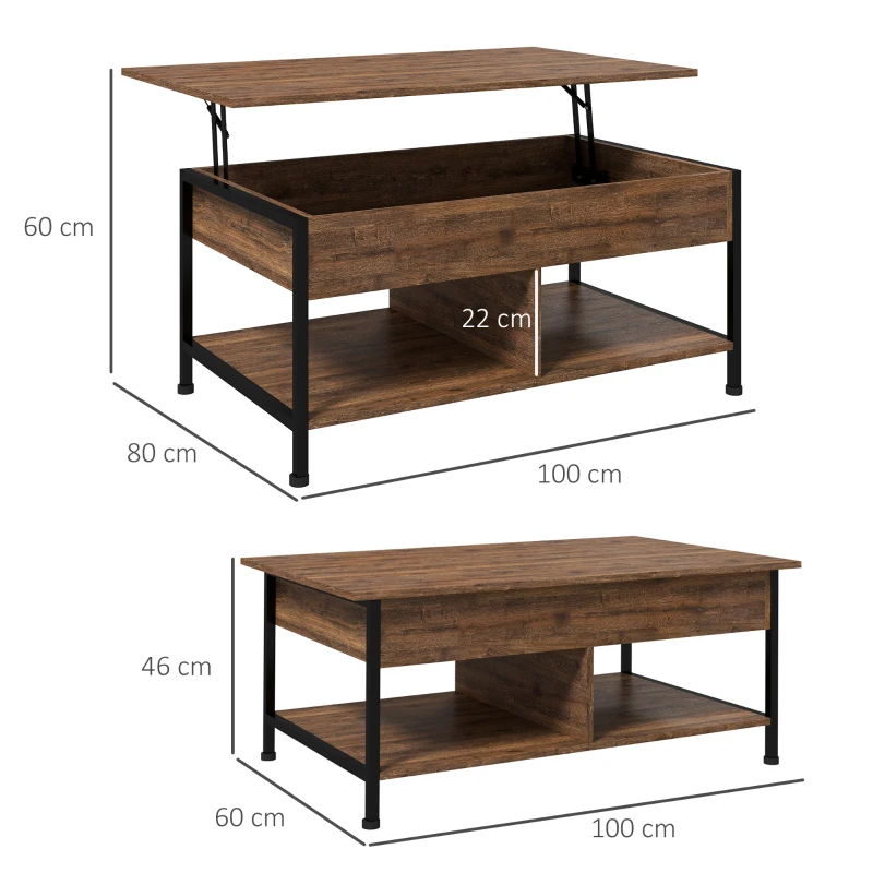 HOMCOM Table basse relevable table de salon compartiment caché 2 étagères inférieures 100 x 80 x 60 cm marron rustique noir